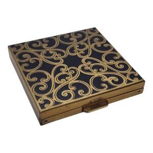Vintage Volupte Black Gold Scroll Powder Compact Mirror Puff Unused Orig Card
